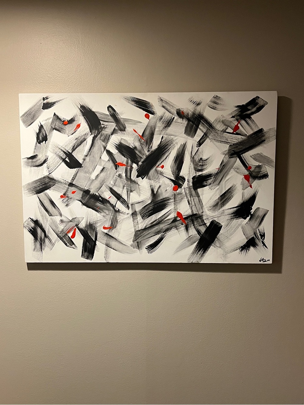 Abstract Black & Red Brushstroke Canvas Art on White Background (Signed) - NWOT